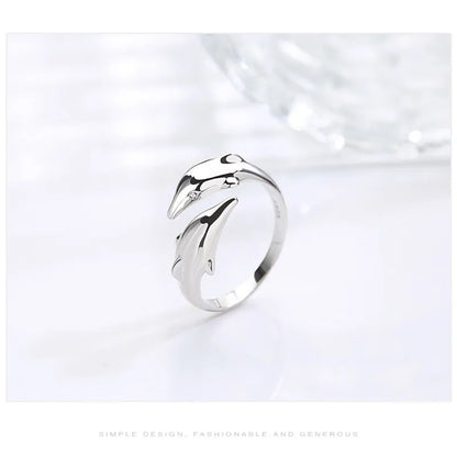 Genuine 925 Sterling Silver Smooth Surface Cute Animal Dolphin Adjustable Ring Fine Jewelry For Women Party Bijoux Gift