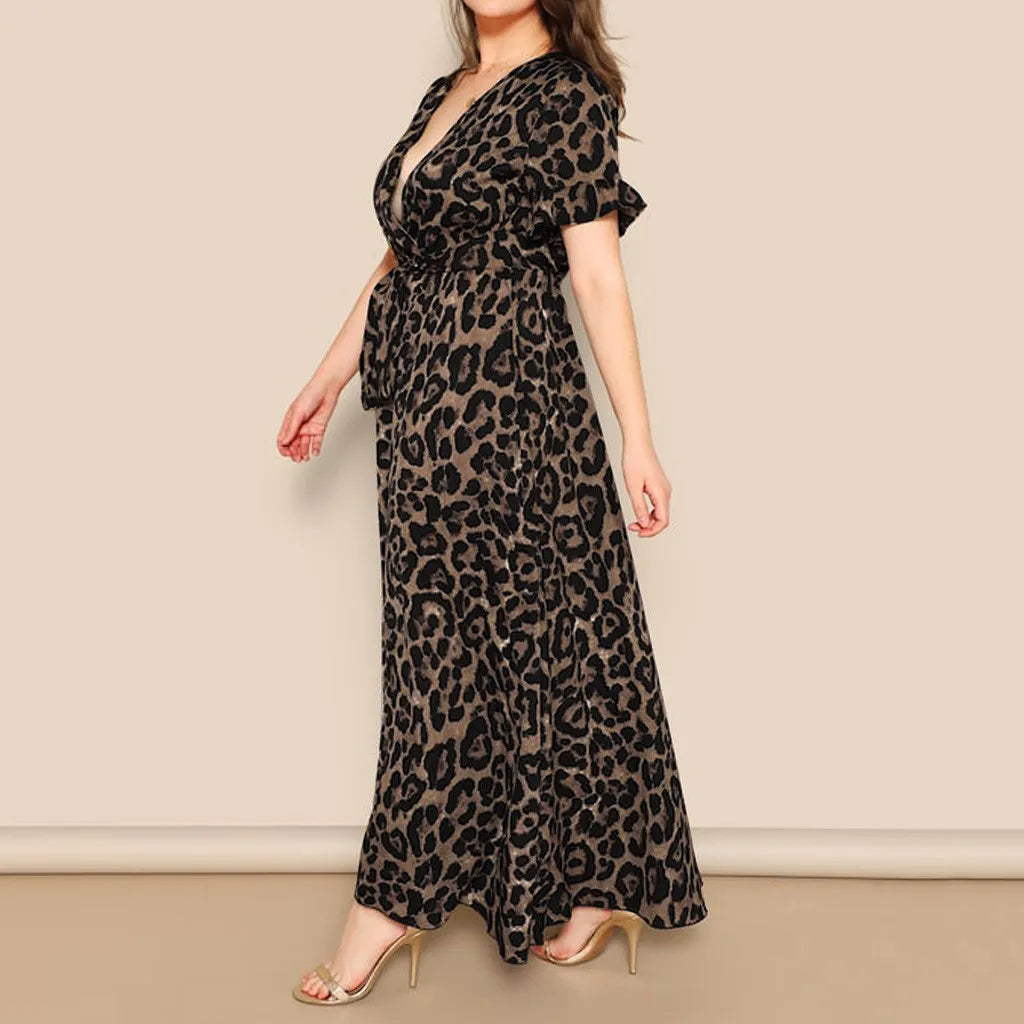 Fashion Women Sexy Summer Dress 2021 Plus Size Leopard Print V-Neck Loose Belt Streetwear Short Sleeve Bandage Maxi Dresses