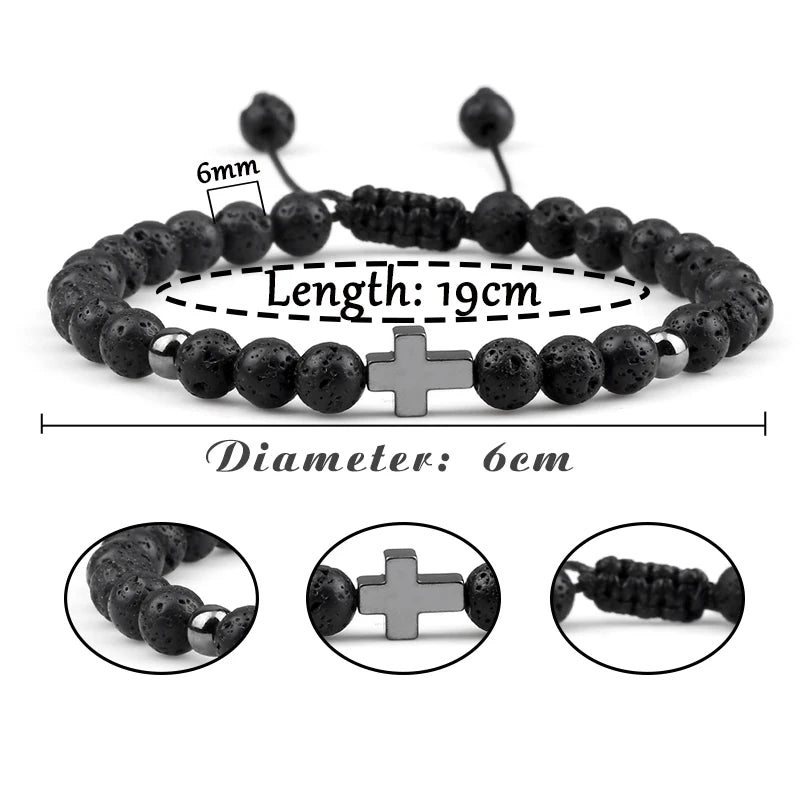 Beaded Bracelet for Men Women 6mm Natural Lava Stone Bracelets Fashion Alloy Cross Bangles Adjustable Braided Rope Jewelry