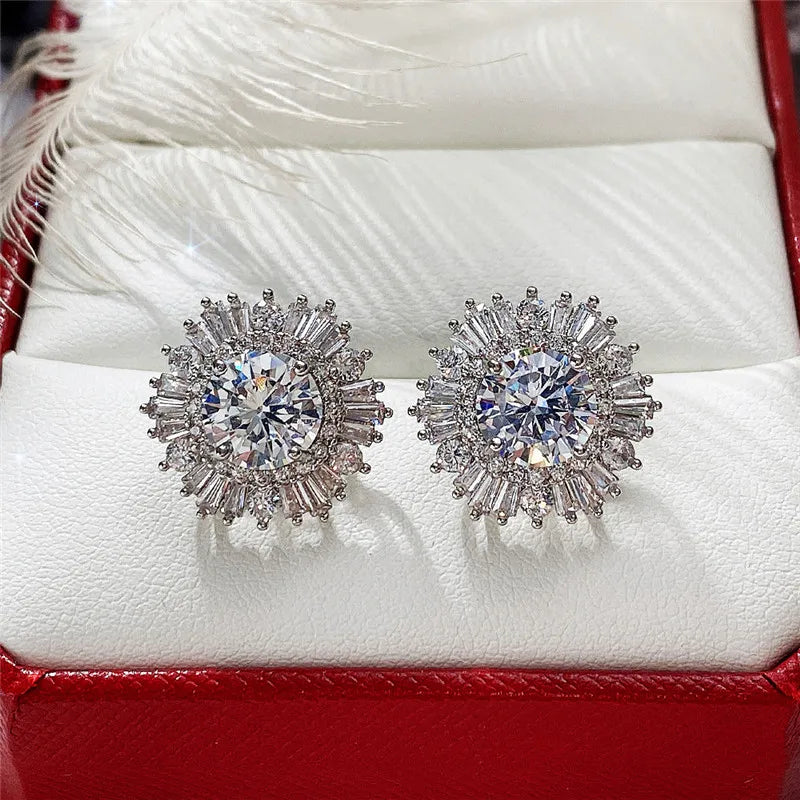 Huitan Eternity Cubic Zirconia Flower Stud Earrings for Women High Quality Wedding Accessories Classic Versatile Female Jewelry