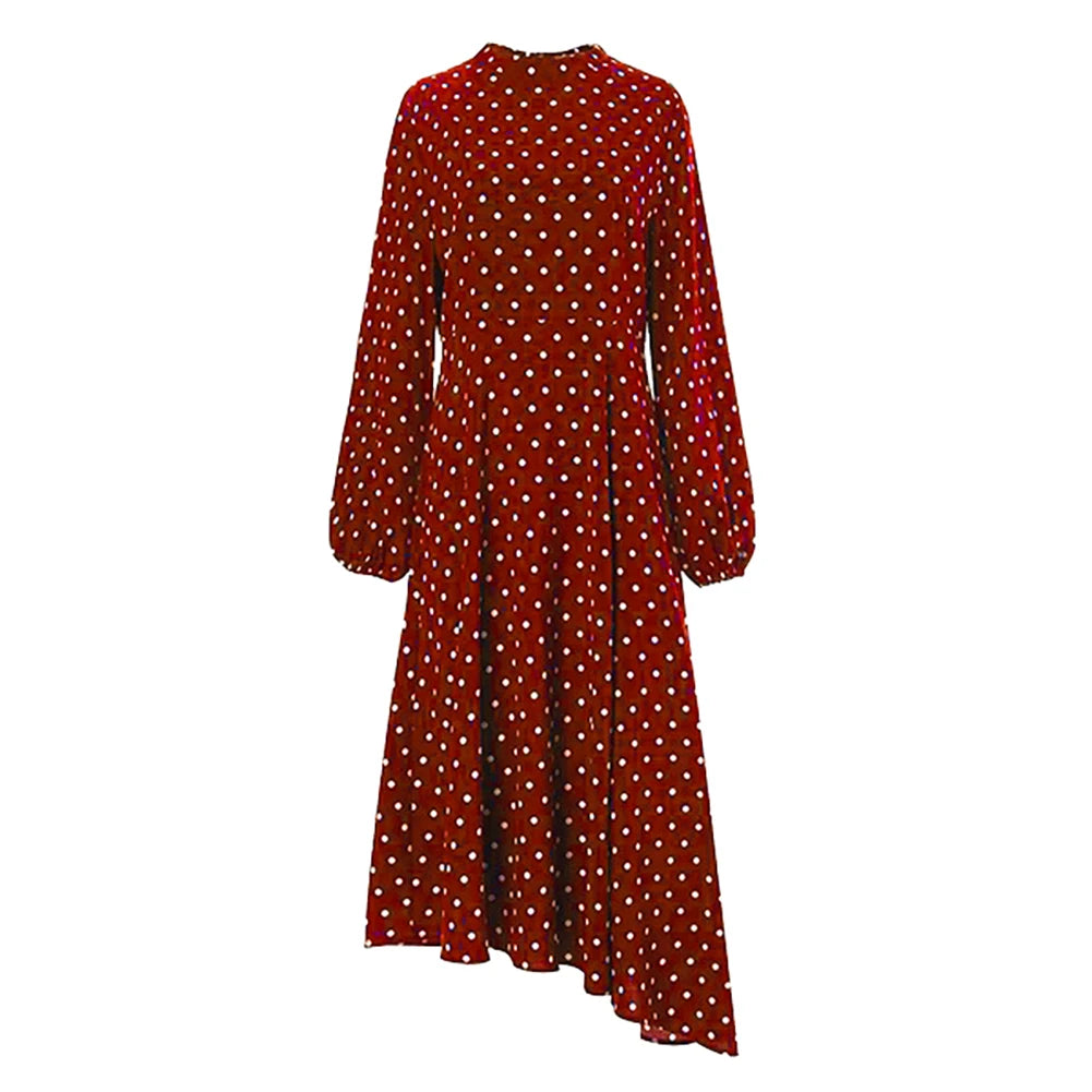 Fashion Women Dress Vintage Long Puff Sleeve Irregular Large Hem Polka Dots Party Midi Dresses for Women 2021