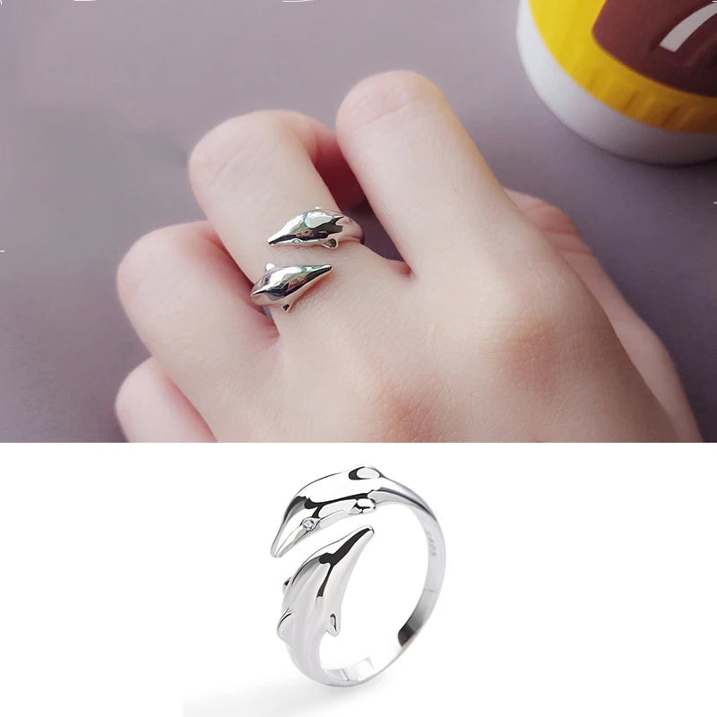 Genuine 925 Sterling Silver Smooth Surface Cute Animal Dolphin Adjustable Ring Fine Jewelry For Women Party Bijoux Gift