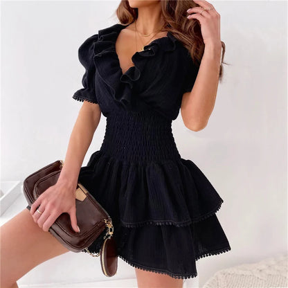 Women's Warp V Neck Dress Short Puff Sleeve Solid Color Shirred High Waist Ruffle Mini Dress