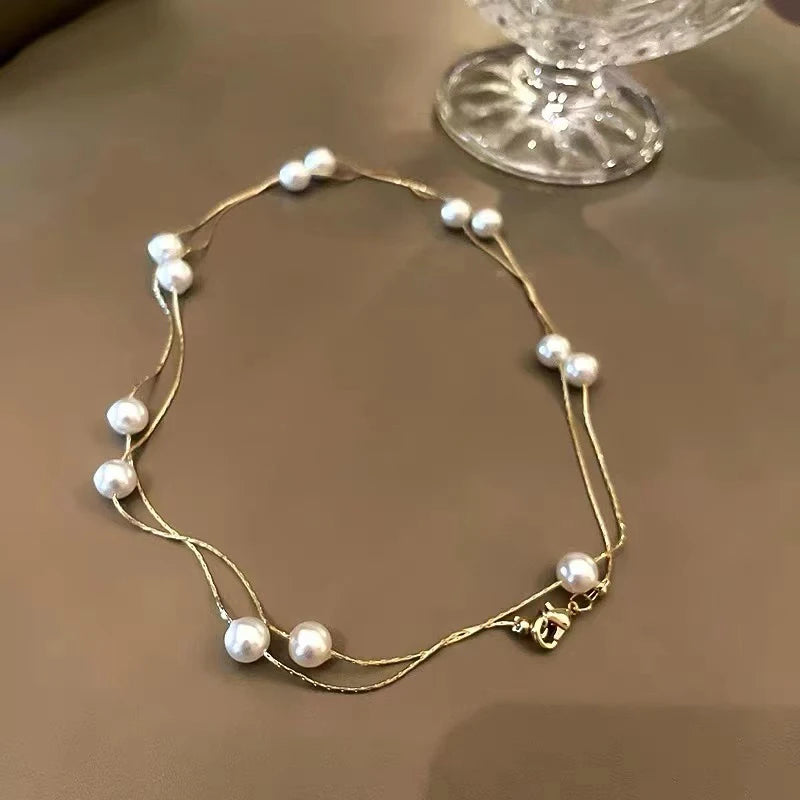 European and American Elegant Double-Layer Pearl String Choker Necklace Korean Fashion Jewelry Sexy Clavicle Chain For Woman