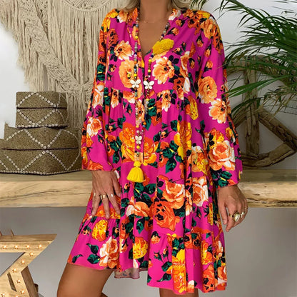 Women'S Plus Size Button Midi Dress Lady Bohemian Loose Print Three Quarter Sleeve Folk-Custom Deep V-Neck Summer Woman Dresses