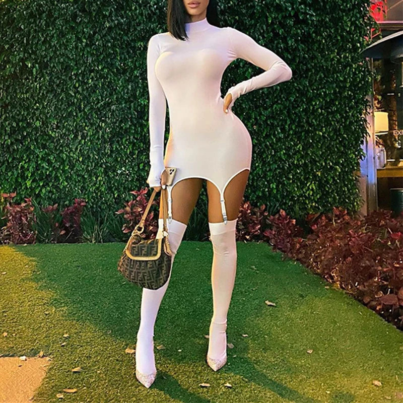 Fashion Sexy 2 Piece Set Women Long Sleeve Bodycon Skinny Mini Dress+Over the knee Stockings Party Club Vintage Outfits