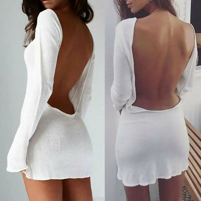 New Fashion Women Sexy Bodycon Slim Dress Solid Long Sleeve Backless Cocktail Party Short Mini Dress Summer Holiday Beach Dress