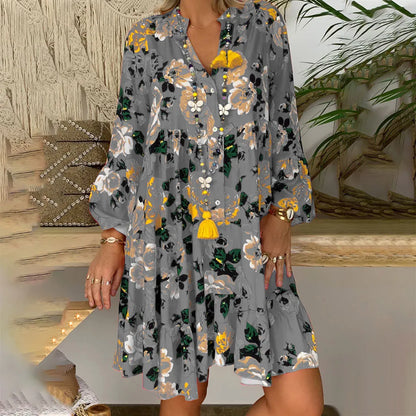 Women'S Plus Size Button Midi Dress Lady Bohemian Loose Print Three Quarter Sleeve Folk-Custom Deep V-Neck Summer Woman Dresses