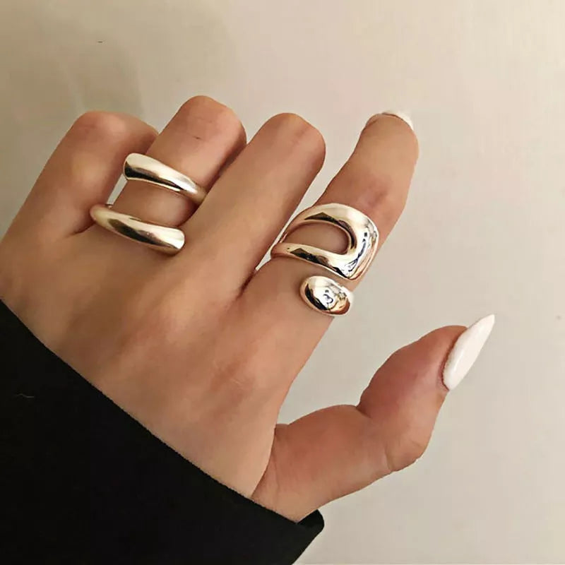 Minimalist Irregular Silver Color Rings For Women Fashion Creative Hollow Irregular Geometric Open Rings Party Jewelry Gifts