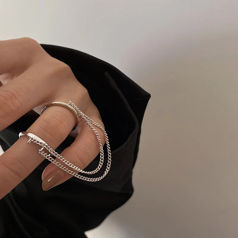 Fashion Punk Chain Double Ring Set Women Hip Hop Open Ring Metal Silver Color Chain Geometric Party Jewlery Gifts