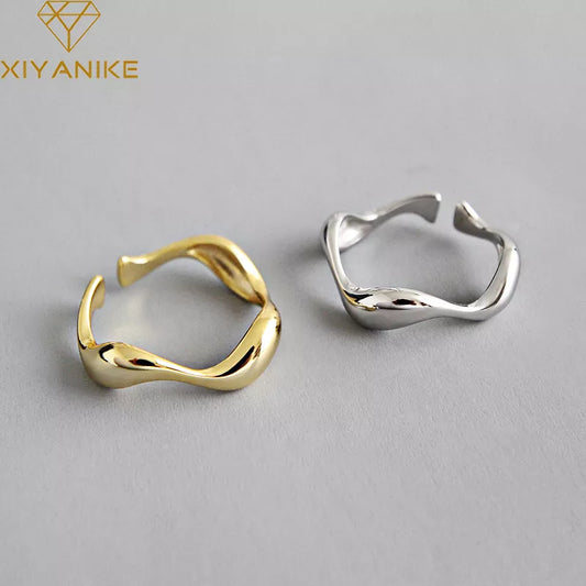 XIYANIKE Silver Color Creative Handmade Rings Irregular Wave Smooth Engagement Jewelry for Women Size 16.5mm Adjustable
