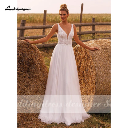 Customize Boho A-Line Wedding Dress High Quality Sleeveless Backless Sweep Train White Ivory Chiffon Bridal Gowns Robe De Mariée