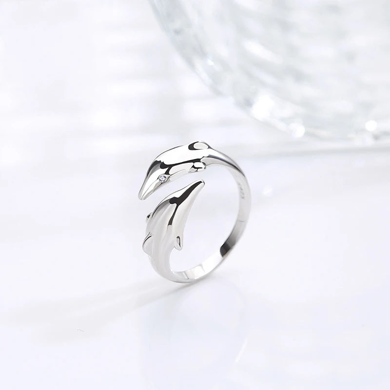 Genuine 925 Sterling Silver Smooth Surface Cute Animal Dolphin Adjustable Ring Fine Jewelry For Women Party Bijoux Gift