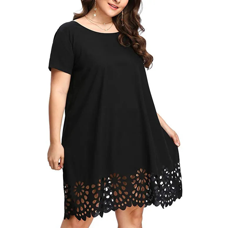 Plus Size Women Dress Sexy Lace Solid Short Sleeve O-Neck Hollow Out Casual Dress Bohemian Beach Holiday Loose Summer Mini Dress