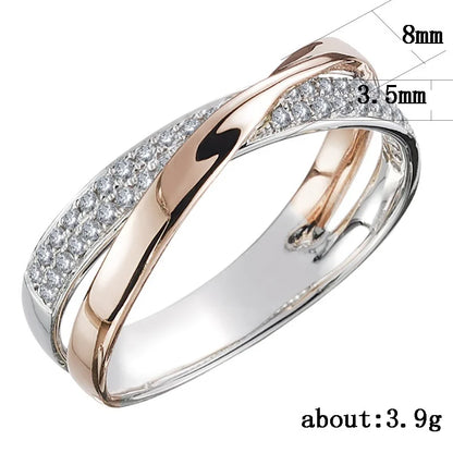 Huitan Newest Fresh Two Tone X Shape Cross Ring for Women Wedding Trendy Jewelry Dazzling CZ Stone Large Modern Rings