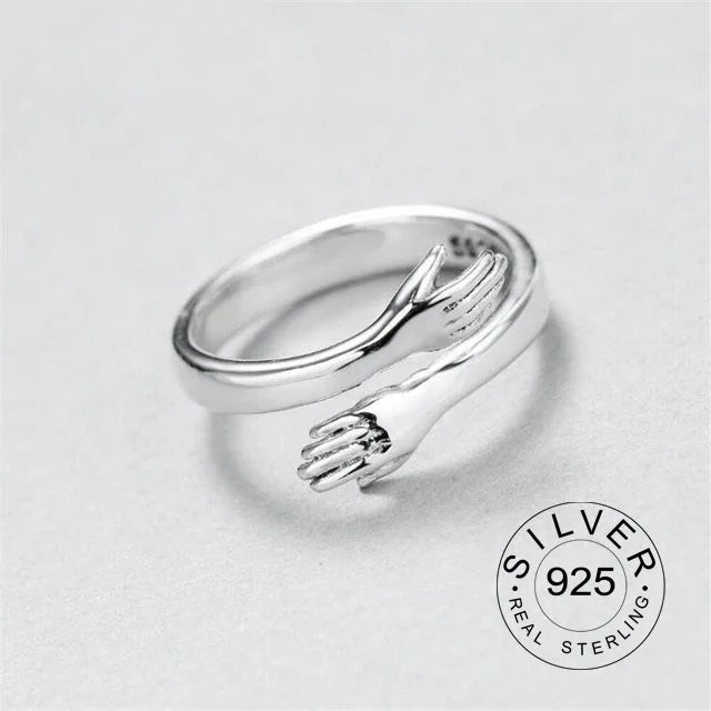 Anelli da dito in vero argento sterling 925 per le mani delle donne a forma di abbraccio Gioielleria raffinata alla moda aperti Anelli antichi regolabili