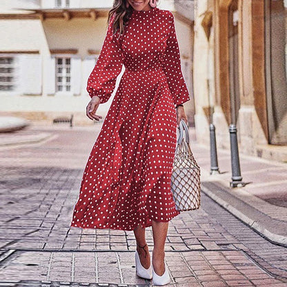 Fashion Women Dress Vintage Long Puff Sleeve Irregular Large Hem Polka Dots Party Midi Dresses for Women 2021