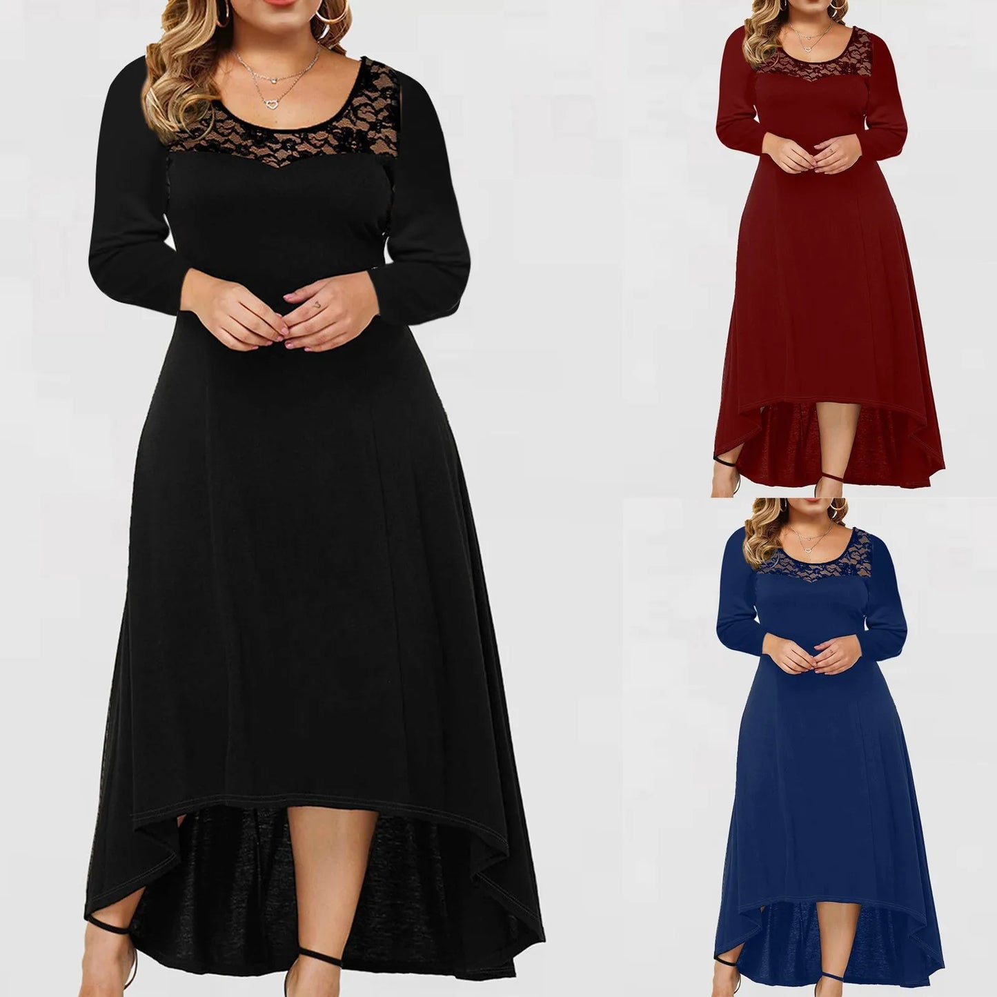 Women Plus Size Casual Solid Lace Dress Sexy O Neck Loose Long Sleeve Irregular Lace Stitching Long Dress Elegant Formal Dresses - Sri sampi