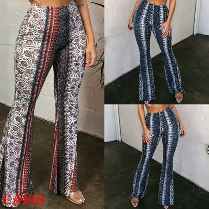 Women Boho Print Long Pants Flared Killer Legs Wide Legs Loose  Summer Bell Bottom Trousers S-XL