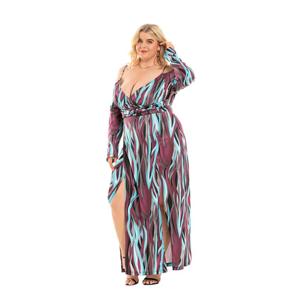 2021 New Summer Hot Sale European And American Style Plus Size V-Neck Sexy Dress Split Long Dress For Women