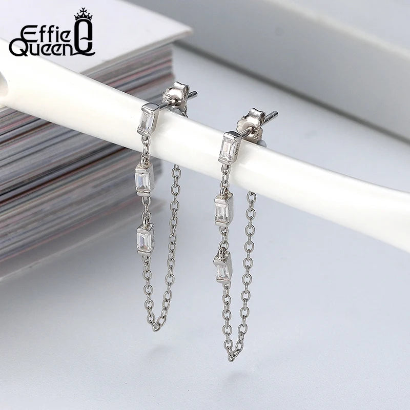 Effie Queen 925 Silver Chain Earring Texture Dangle Long Drop Earring With AAAA  Zircon Earring Jewelry Party Gift BE238