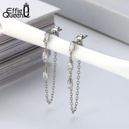 Effie Queen 925 Silver Chain Earring Texture Dangle Long Drop Earring With AAAA  Zircon Earring Jewelry Party Gift BE238