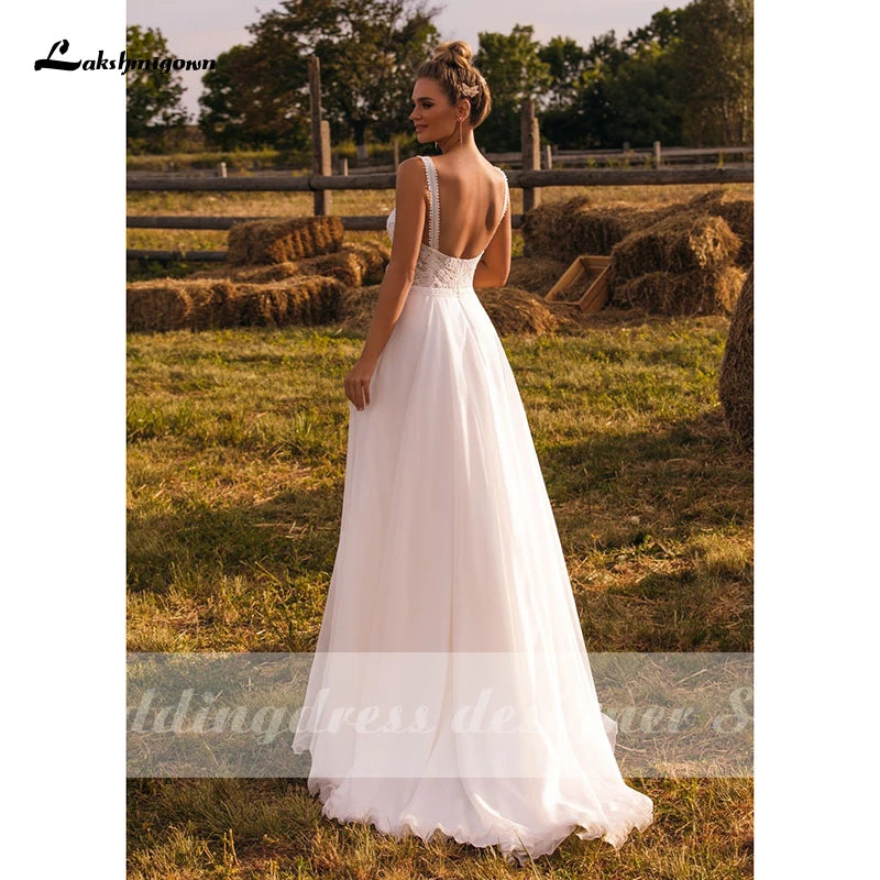 Customize Boho A-Line Wedding Dress High Quality Sleeveless Backless Sweep Train White Ivory Chiffon Bridal Gowns Robe De Mariée