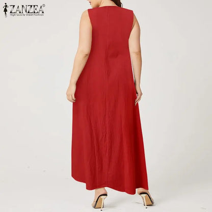 Kaftan Color Stitching Maxi Dress Women Summer Sundress ZANZEA 2023 Casual Sleeveless Tank Vestidos Female O Neck Robe Plus Size