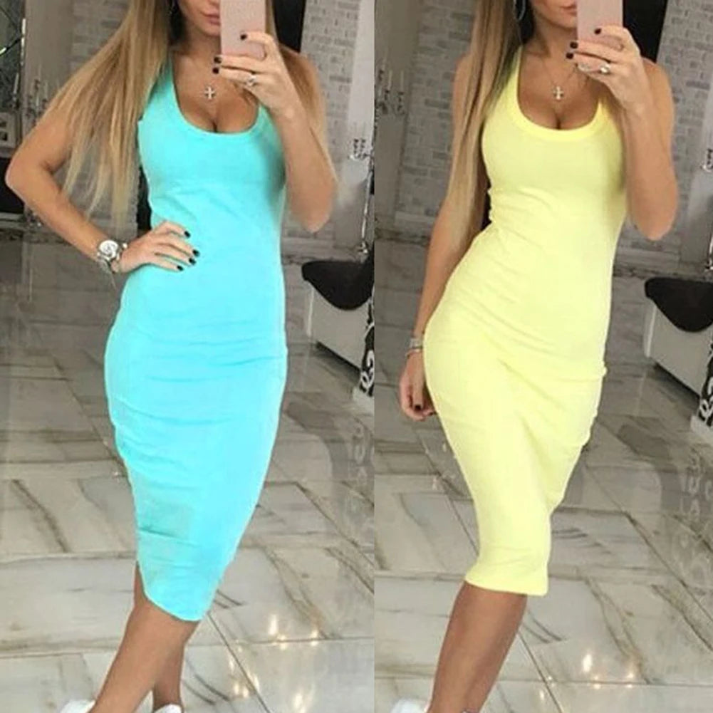 Summer Party Sexy Lady Solid Color U Neck Sleeveless Slims Fit Bodycon Pencil Dress Sexy Woman Sleeveless Dresses Solid Color Ov