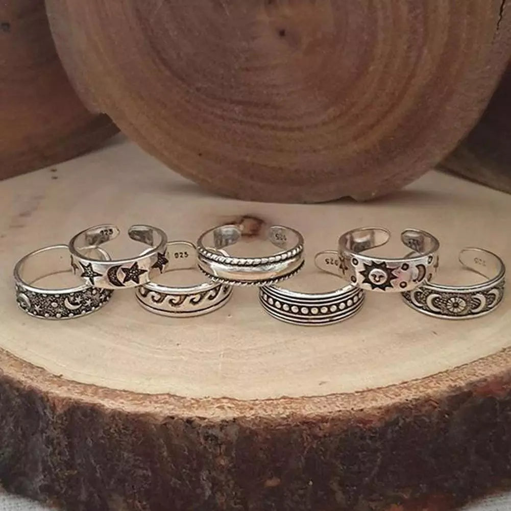 7pcs/set Retro Alloy Foot Rings Women's Fashion Carved Hollow Opening Multi-element Foot Set