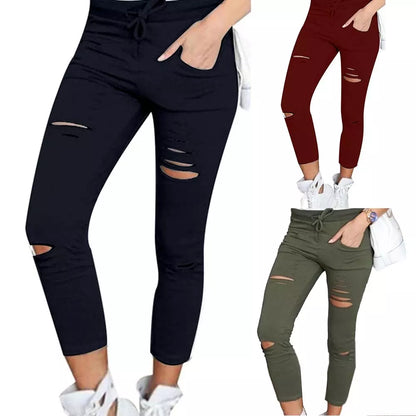 Plus Size Solid Color Womens trousers Drawstring High Waist Pencil Pants Ripped Skinny Womens trousers sports pants Leggings - Sri sampi