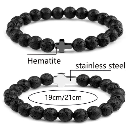 Natural Stone Cross Bracelets Hematite Stainless Steel Cross Elastic Rope Map Lava Bead Bracelet For Men Women Charm Jewelry