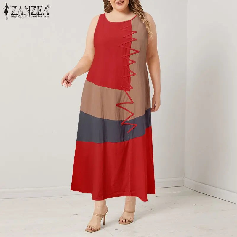 Kaftan Color Stitching Maxi Dress Women Summer Sundress ZANZEA 2023 Casual Sleeveless Tank Vestidos Female O Neck Robe Plus Size