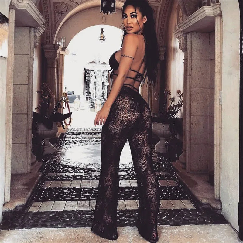 BKLD Sexy Women High Waist Pants New 2024 Black White Lace Sheer Wide Leg Pants Ladies Sexy Beach Cover Up Trousers Flare Pants