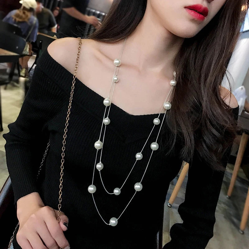 New Long Double Layer Simulated Pearl Necklace Women Sweater Chain Necklace Female Collares Statement Jewlery Wholesale 2024