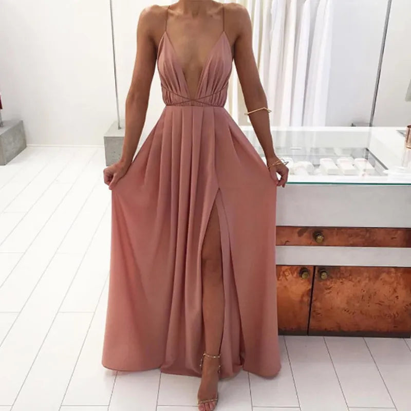 Women Summer Maxi Dress Solid Color Sexy Deep V-Neck Sleeveless Spaghetti Strap Backless High Split Long Sundress Vestidos