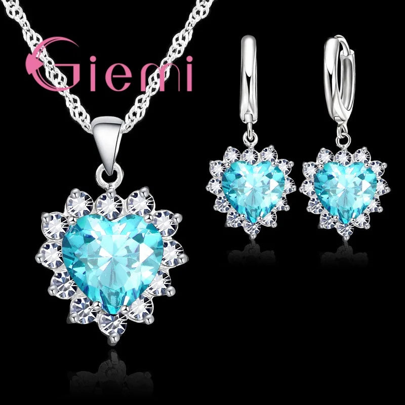 True Love 925 Sterling Silver Jewelry Sets For Wedding Women Cubic Zirconia Pendant Necklace Earrings Set Valentine's Gift