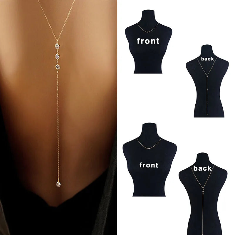 New Fashion Front and Back Crystal Chain Necklace for Women Wedding Dress Summer Jewelry #240929