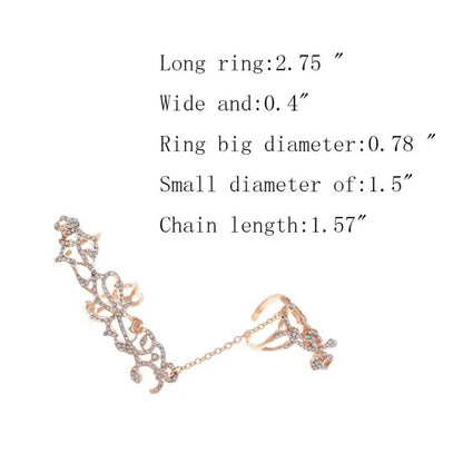 New Fashion Chain Link Ring Full Rhinestone Vintage Flower Double Finger  For Women Girl Party Jewelry Gift Accessories