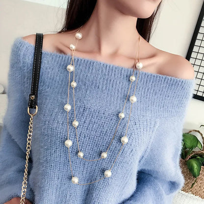 New Long Double Layer Simulated Pearl Necklace Women Sweater Chain Necklace Female Collares Statement Jewlery Wholesale 2024