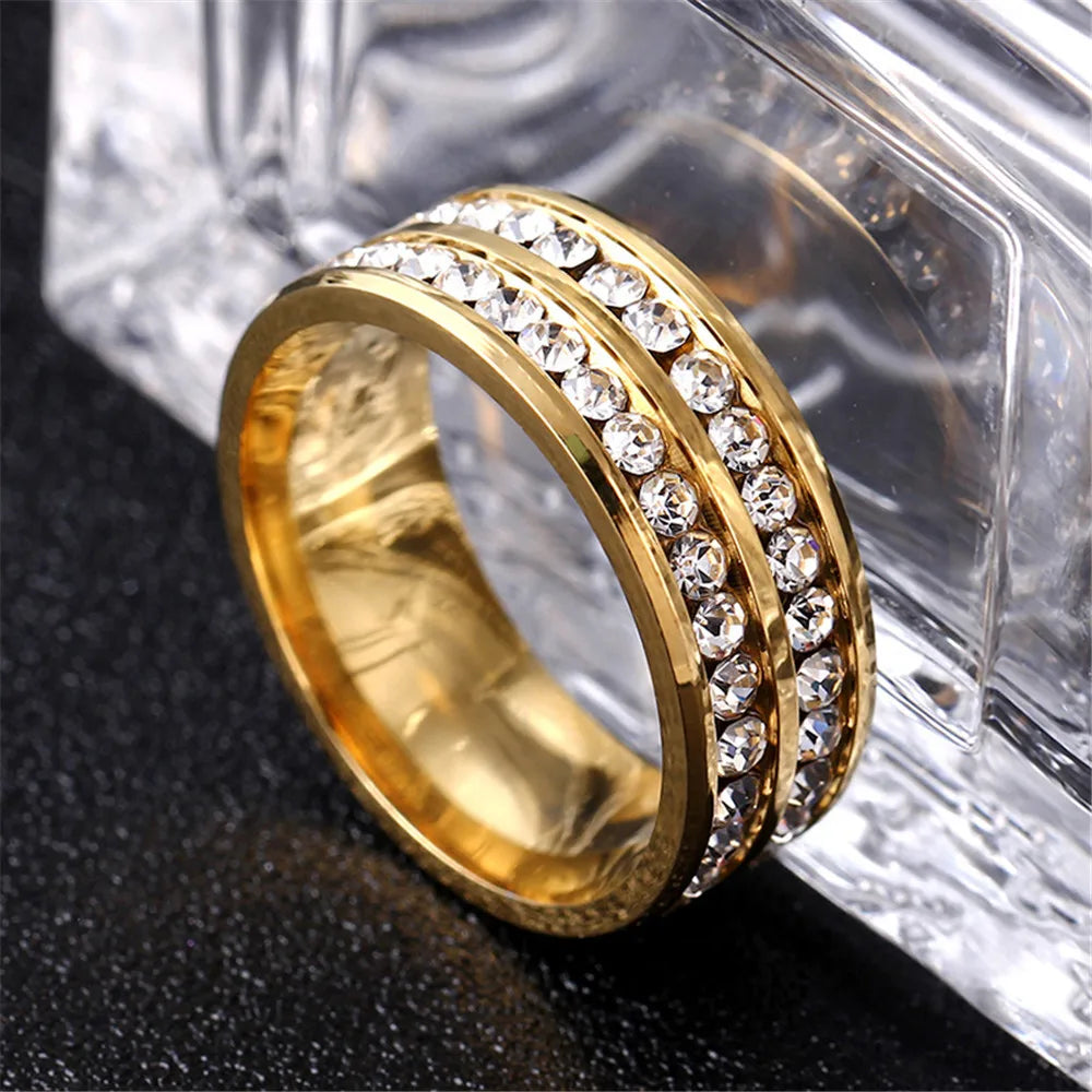 Princess Cut Cubic Zirconia Couples Rings Stainless Steel Wedding Ring Set for Women and Men Party Jewelry Gold Color