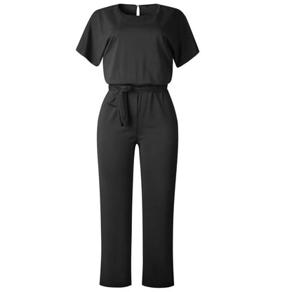 Fashion & Charm Women's Black Bodysuits Polyester Rompers Women Jumpsuit Short Sleeve Bow Body Mujer Casual Straight Overalls