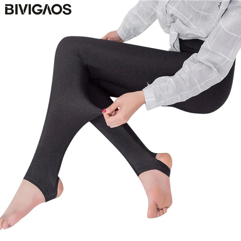 BIVIGAOS Fashion Women Stretchy Glossy Leggings Spandex Legging Elastic Gothic Foot Leggins Punk Rock Legins Black White Mallas