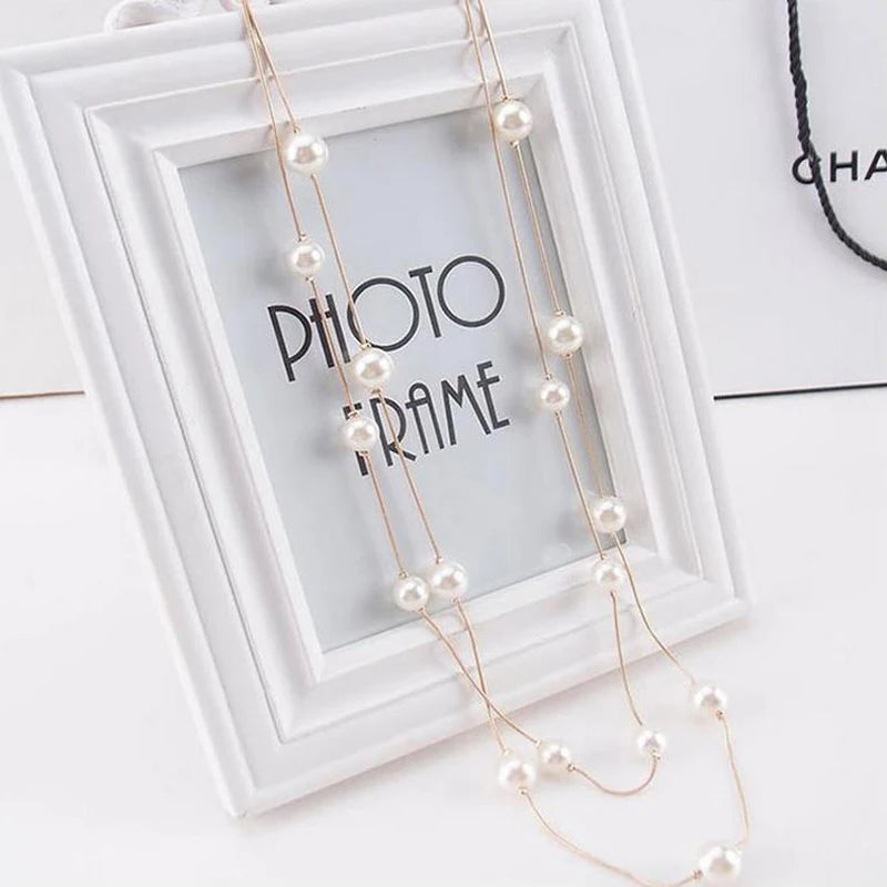 New Long Double Layer Simulated Pearl Necklace Women Sweater Chain Necklace Female Collares Statement Jewlery Wholesale 2024