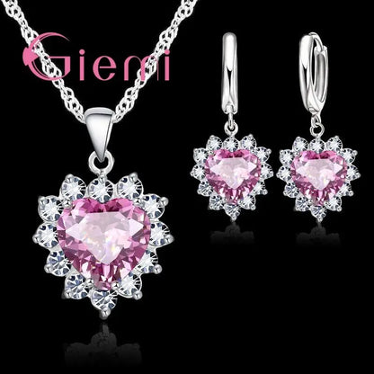 True Love 925 Sterling Silver Jewelry Sets For Wedding Women Cubic Zirconia Pendant Necklace Earrings Set Valentine's Gift