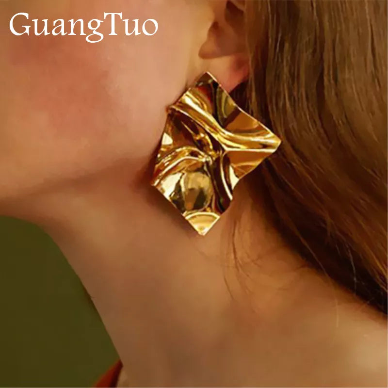 EK2126 Exaggerated Brand Gold Color Irregular Square Shiny Metal Big Drop Earrings Women Rhombus Punk Ear Party Jewelry