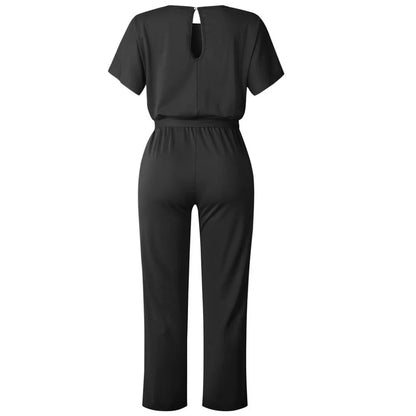 Fashion & Charm Women's Black Bodysuits Polyester Rompers Women Jumpsuit Short Sleeve Bow Body Mujer Casual Straight Overalls