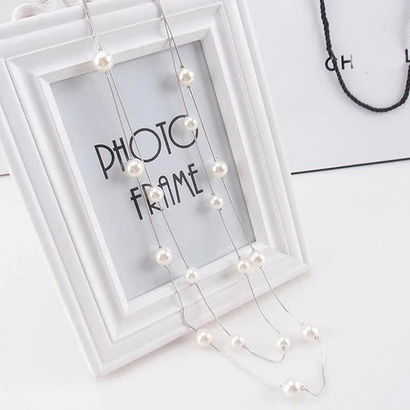 New Long Double Layer Simulated Pearl Necklace Women Sweater Chain Necklace Female Collares Statement Jewlery Wholesale 2024