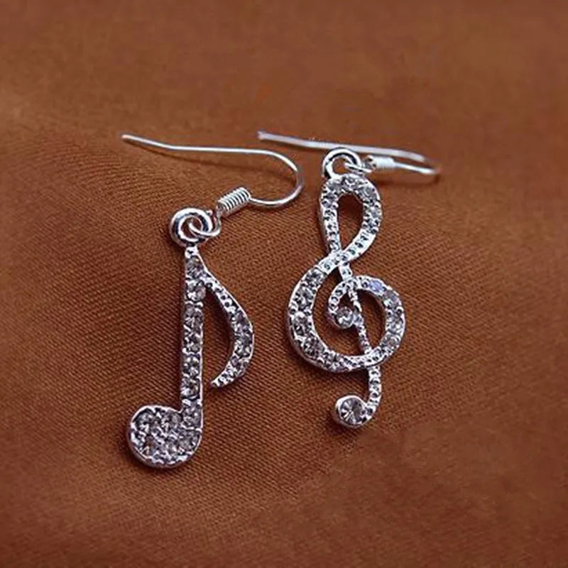 Hot Personality Geometric Music Dream Symbol Asymmetric Earrings Music Notes Ear Hook Crystal Silver Color Earrings For Women