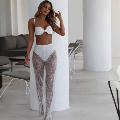 BKLD Sexy Women High Waist Pants New 2024 Black White Lace Sheer Wide Leg Pants Ladies Sexy Beach Cover Up Trousers Flare Pants